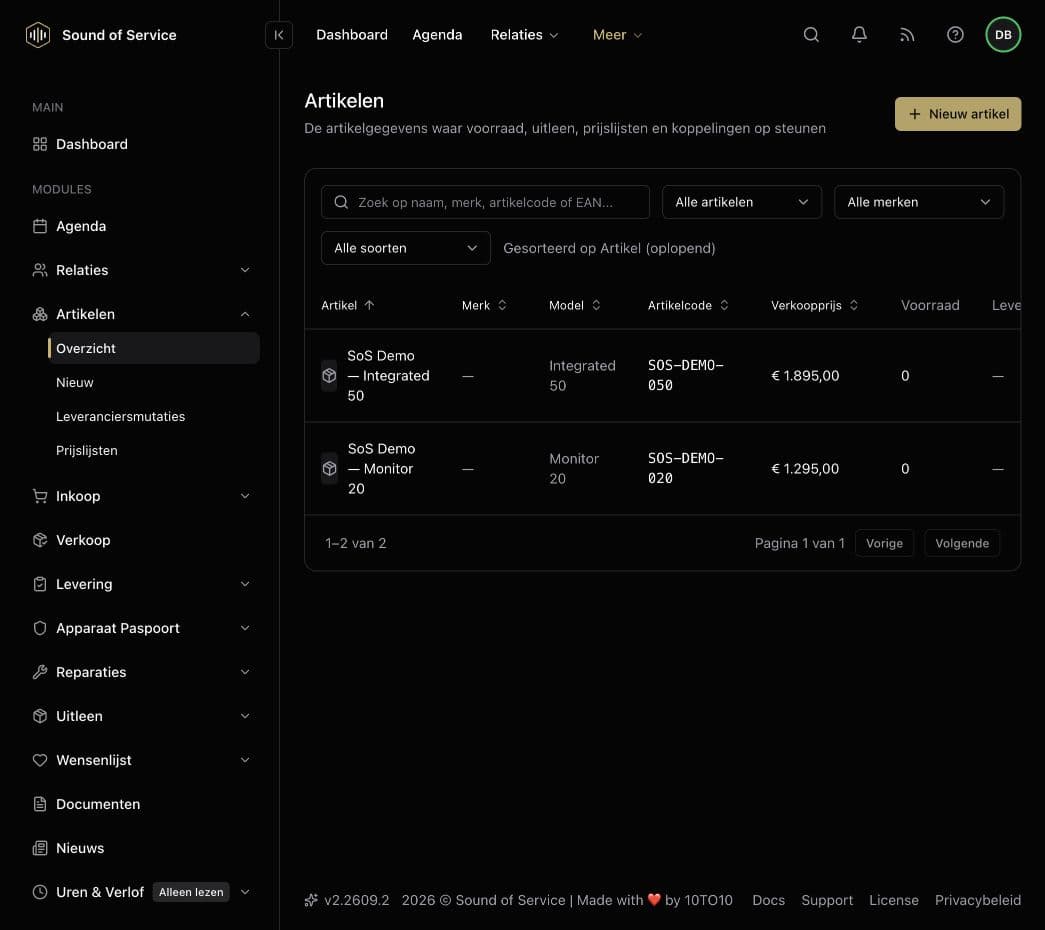 Article overview in the dealer demo, with fictional audio products.