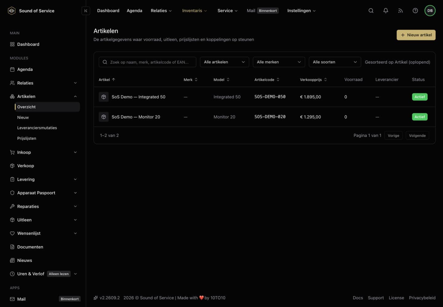 Article overview in the dealer demo, with fictional audio products.